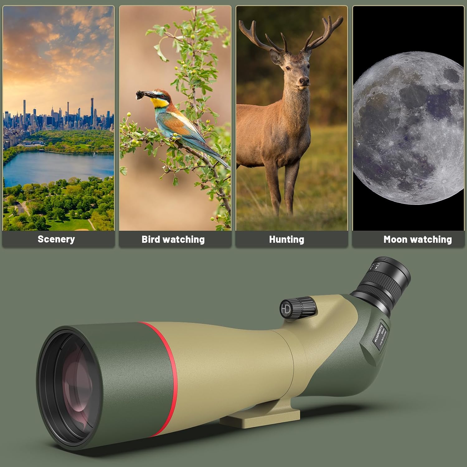 WOSPORTS 25-75x85 Spotting Scopes with Tripod, Carrying Bag, Phone Adapter, HD BAK4 Porro Prism, Waterproof Spotter Scope for Hunting, Target Shooting, Bird Watching, Wildlife Viewing, Dark Green