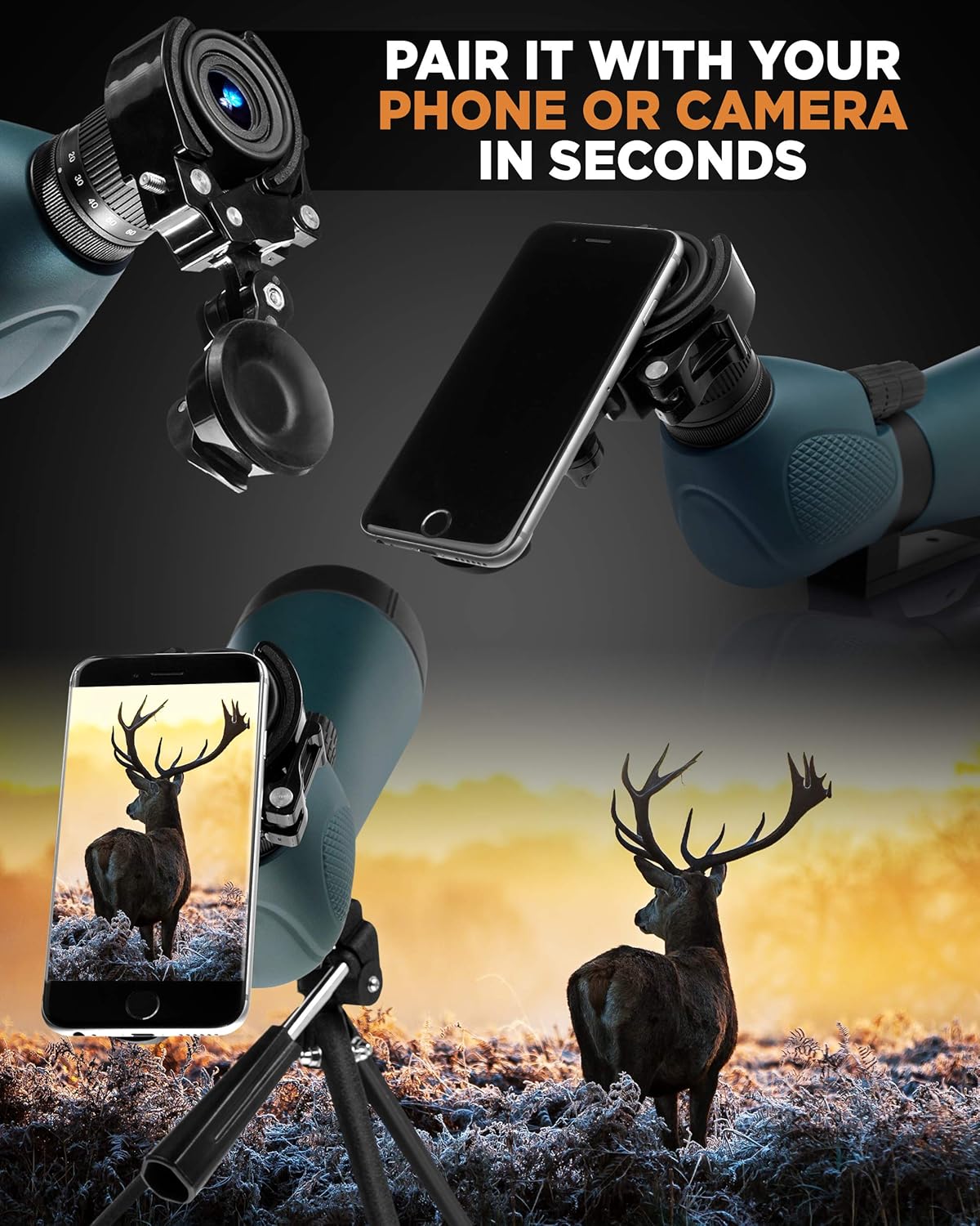 CreativeXP HD Spotting Scope with Tripod 20-60x60mm - BAK 4 Prism Spotting Scopes for Target Shooting Hunting Astronomy Bird Watching - 100% Waterproof Shockproof IP67 - Phone Adapter and Clicker