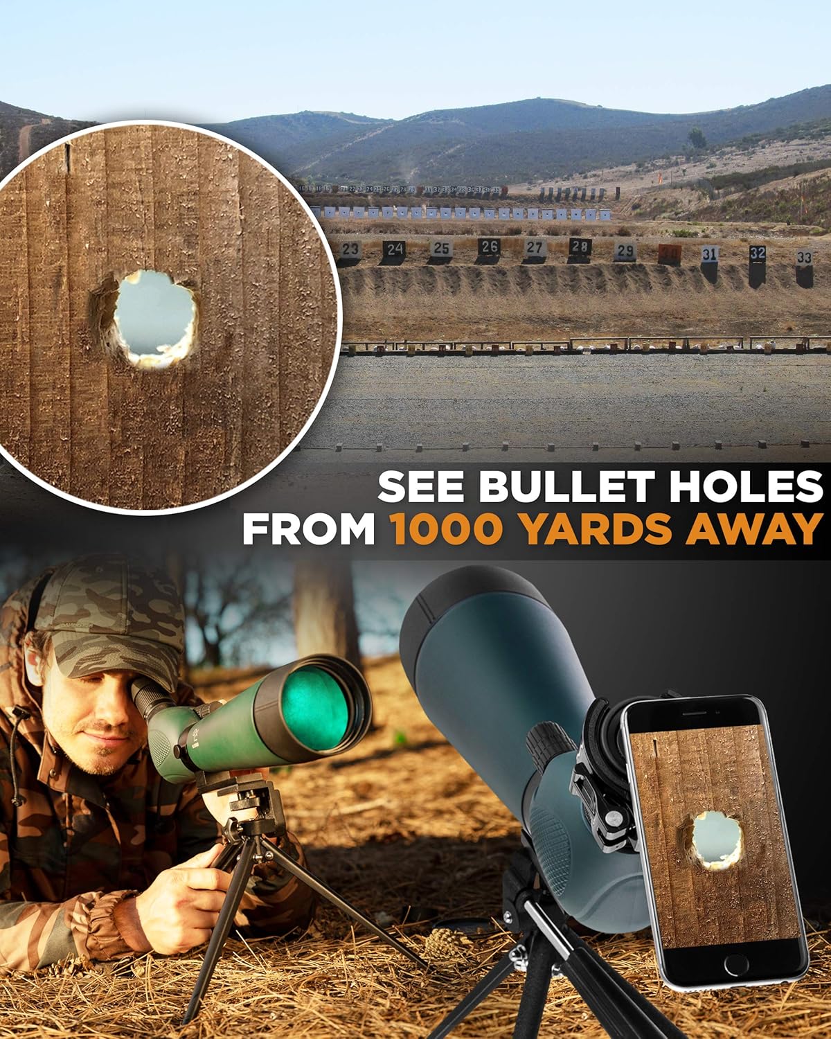 CreativeXP HD Spotting Scope with Tripod 20-60x60mm - BAK 4 Prism Spotting Scopes for Target Shooting Hunting Astronomy Bird Watching - 100% Waterproof Shockproof IP67 - Phone Adapter and Clicker