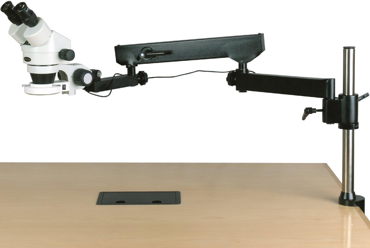 AmScope SM-8BZZ-144S Professional Binocular Stereo Zoom Microscope, WH10x and WH20x Eyepieces, 3.5X-180X Magnification, 0.7X-4.5X Zoom Objective, 144-Bulb LED Ring Light, Articulating-Arm Boom Stand, 110V-240V, Includes 0.5x and 2.0x Barlow Lenses