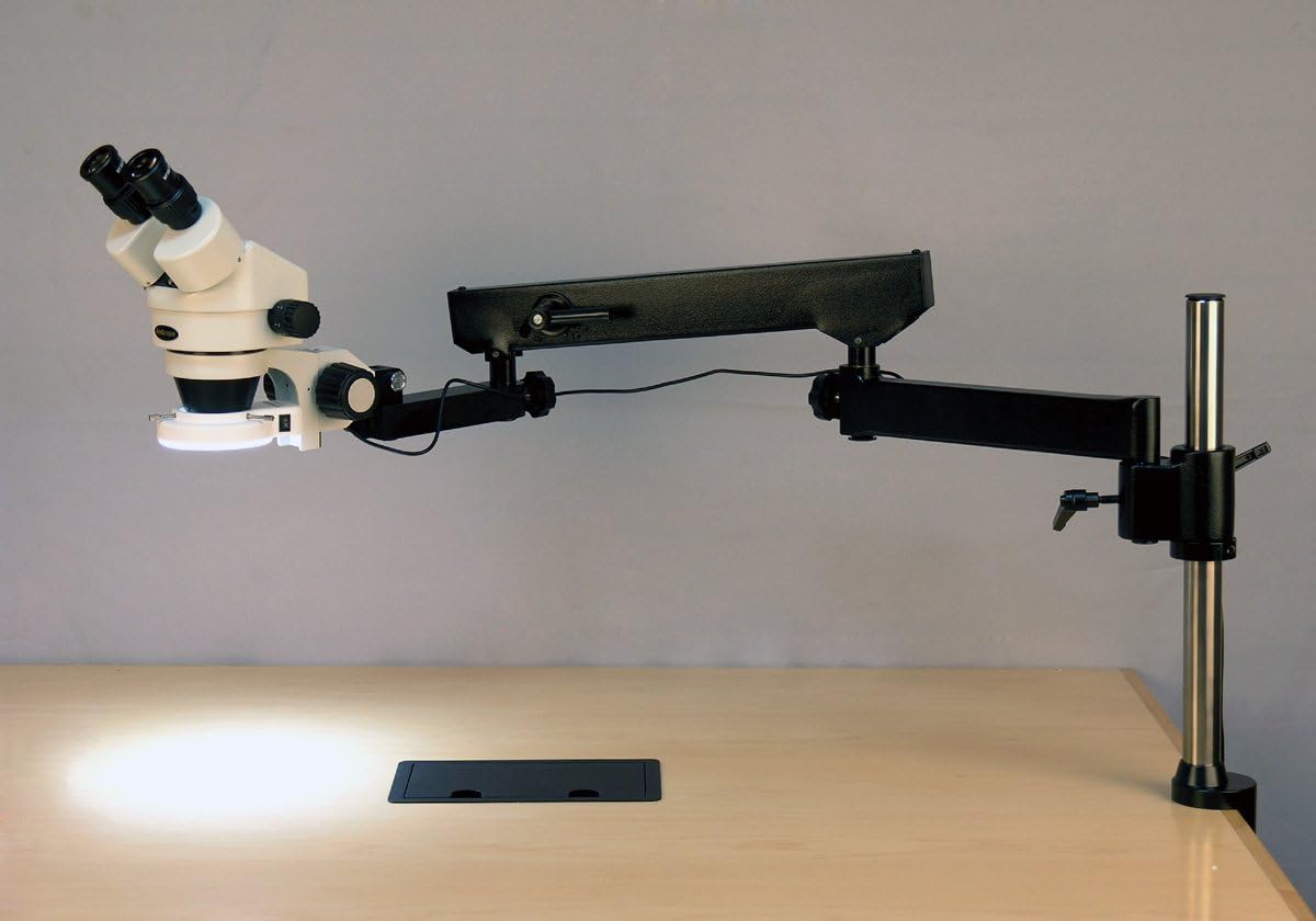 AmScope SM-8BZZ-144S Professional Binocular Stereo Zoom Microscope, WH10x and WH20x Eyepieces, 3.5X-180X Magnification, 0.7X-4.5X Zoom Objective, 144-Bulb LED Ring Light, Articulating-Arm Boom Stand, 110V-240V, Includes 0.5x and 2.0x Barlow Lenses