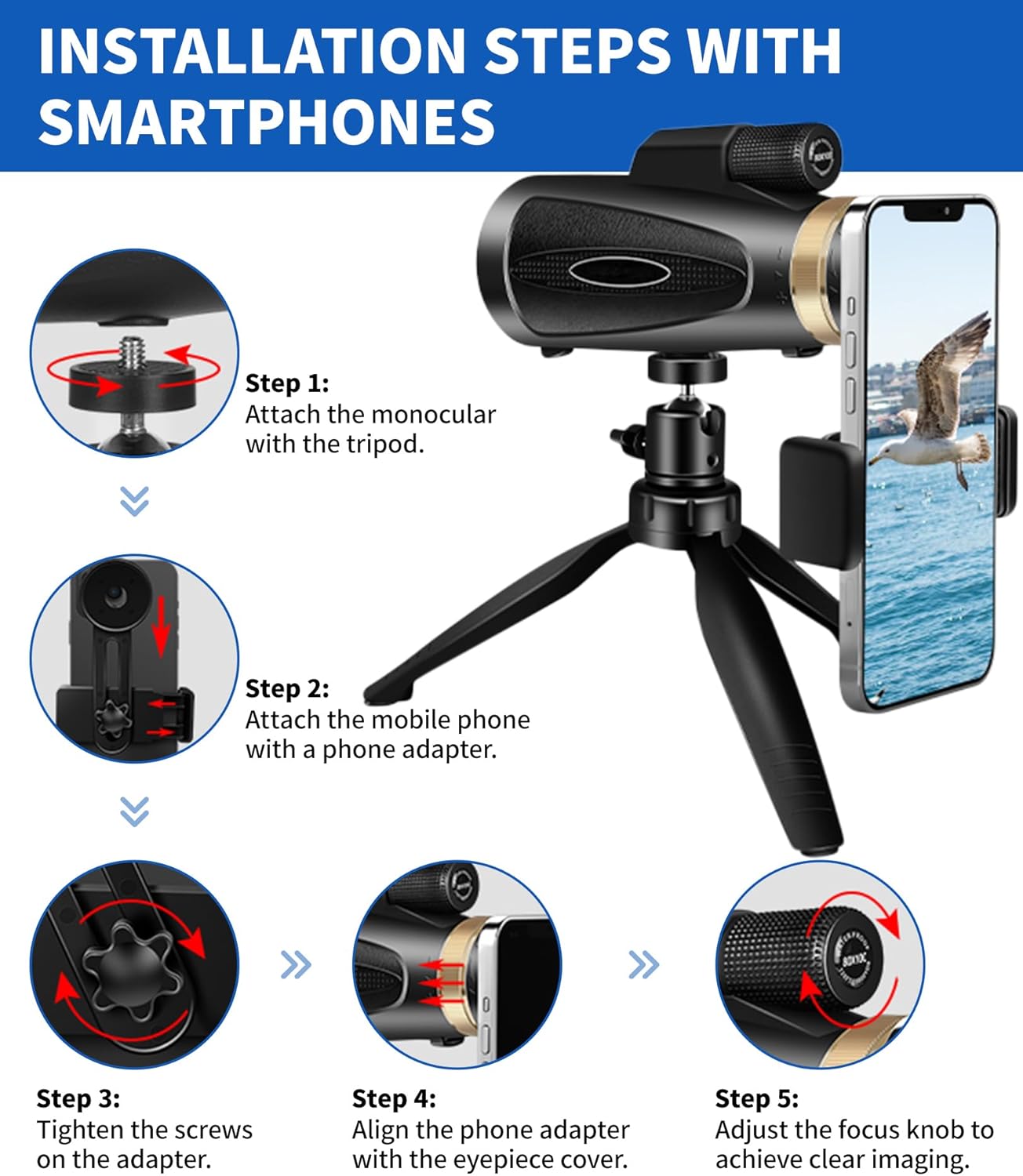 80x100 High Power Monocular Telescope with Smartphone Adapter Tripod, Larger Vision Monoculars for Adults with BAK4 Prism  FMC Lens, Suitable for Bird Watching Hunting Hiking Camping Wildlife
