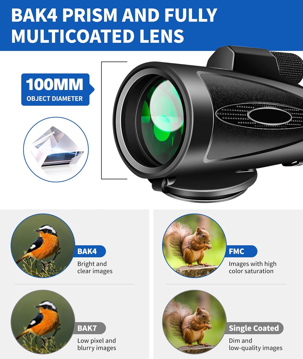 80x100 High Power Monocular Telescope with Smartphone Adapter Tripod, Larger Vision Monoculars for Adults with BAK4 Prism  FMC Lens, Suitable for Bird Watching Hunting Hiking Camping Wildlife