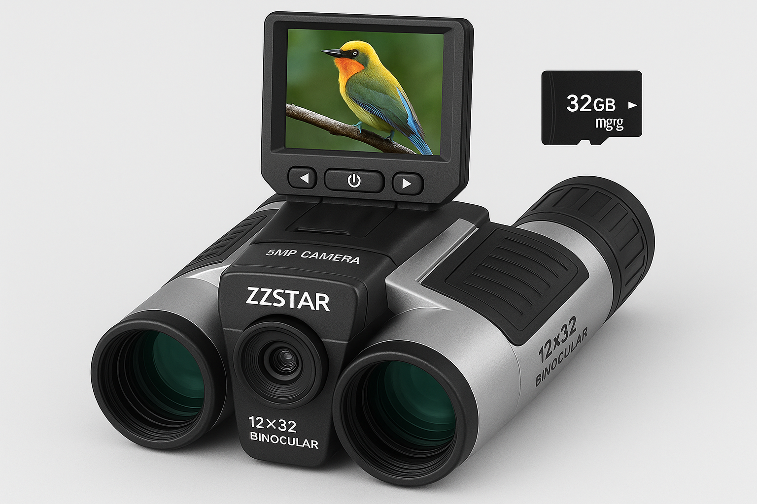 ZZSTAR 12×32 Binoculars for Adults, Binoculars with Camera, 2″ LTPS Display 5MP 1080P Video Photo Recorder with 32GB Micro SD Card, High Powered Binoculars for Bird Watching Travel Hunting, Silver